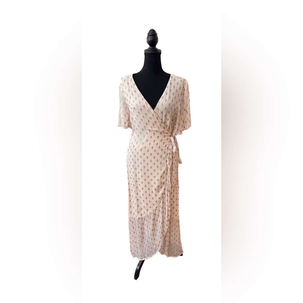 Bohme Cream Patterned Wraparound V Neck Maxi Dress With Metallic Swiss Dots